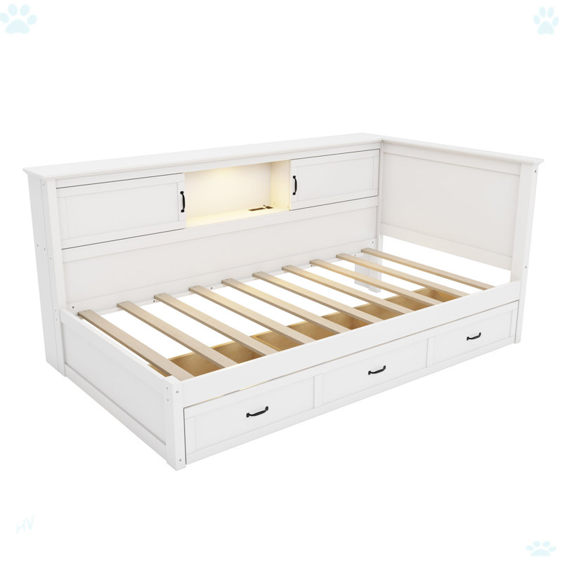 L-Shaped Bed Frame With Drawer And And Bookcase, Twin