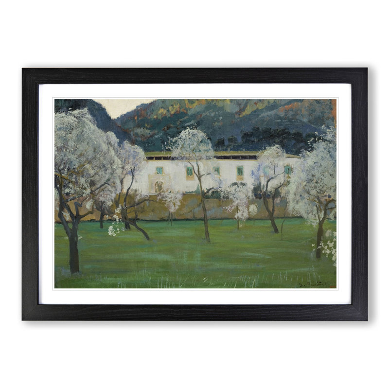 White Farmhouse by Santiago Rusinol - Picture Frame Painting, 48cm H x 65cm W x 2cm D, Black