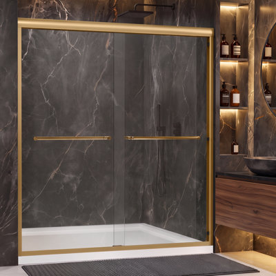 62" - 66" W X 72" H Double Sliding Framed Shower Door With Shower Glass And Two Towel Bar,Premium 1/4" (6mm) Thick Tempered Glass,Gold