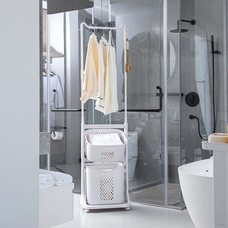 Trieur de panier à linge à 2 niveaux avec barre de suspension, paniers à linge roulants avec roues amovibles pour les petits espaces, dortoir, placard, salle de bain