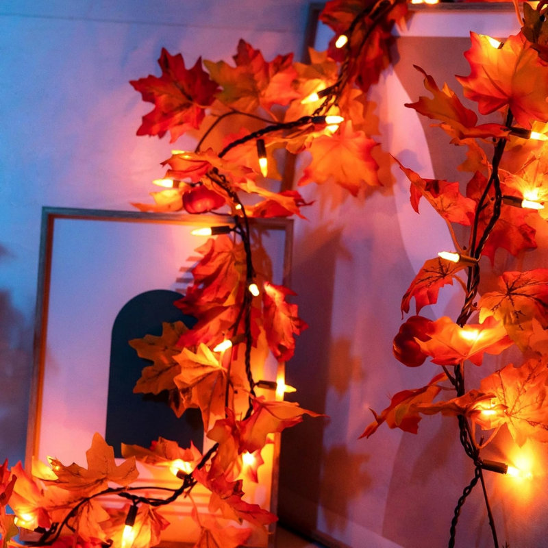 Feuilles d'érable, lumières de vigne de saule enchantées, 3,9 pi / 48 lumières DEL de couleur d'érable à 2 branches pour mur, minuterie à distance, modèle 8 lumières, portes de chambre à coucher mariage, Noël (3,9 pi / 48 DEL)