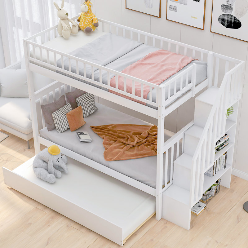 Lit superposé simple au-dessus de simple en bois massif avec lit gigogne et tablettes de rangement latérales, Blanc