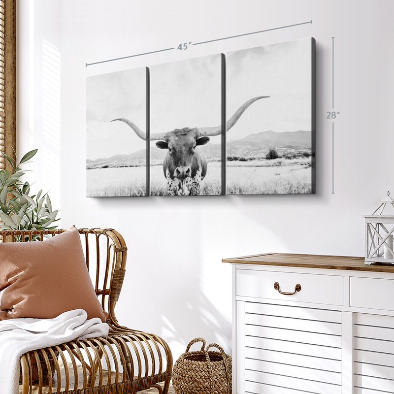 Animal «Longhorn Texas BW Canvas Print» sur, H 28 po x l 45 po x P 1,25 po