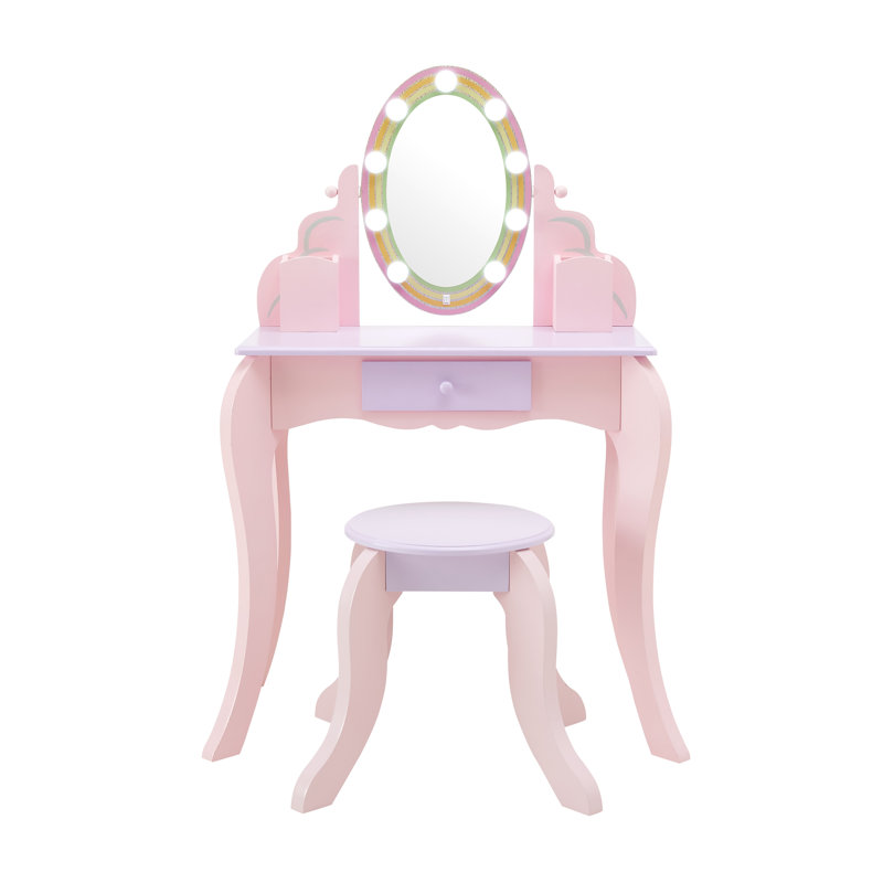 Pink and Lavender Kids Vanity Set with LED Mirror and Stool