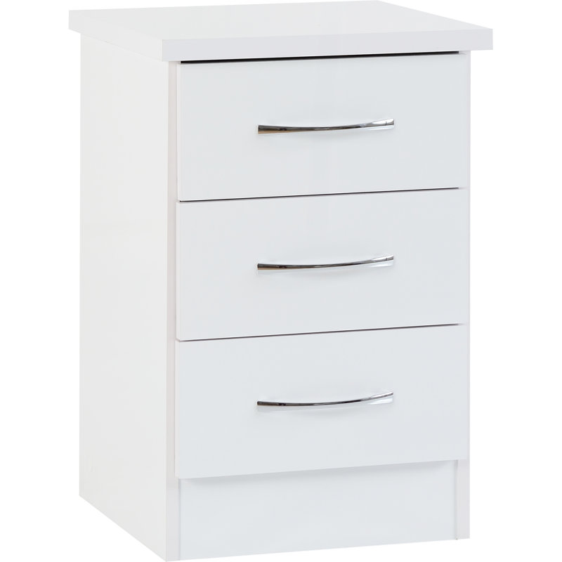 Cascio 3 Drawer Bedside Table, White Gloss