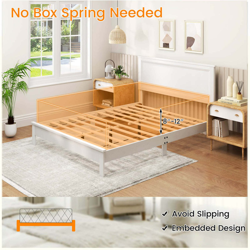 Bed Frame Platform Slat High Headboard Bedroom Rubber Wood Leg, Queen
