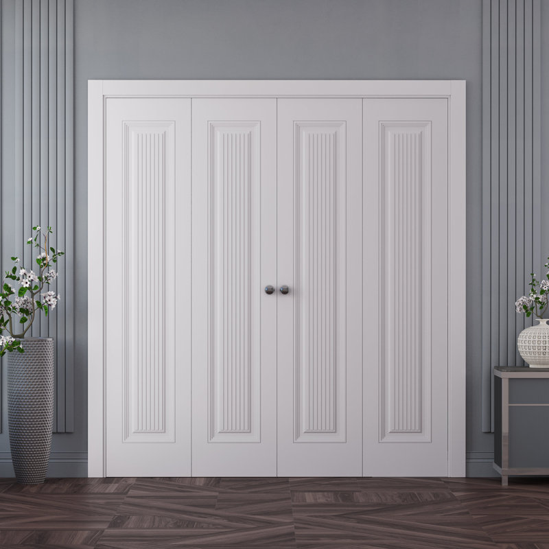 Portes coulissantes doubles pliantes pour placard 96 x 80 pouces, modèle Imperial 1888, émail blanc, rails robustes, moulures, garnitures, quincaillerie, bois massif, portes de placard de chambre.