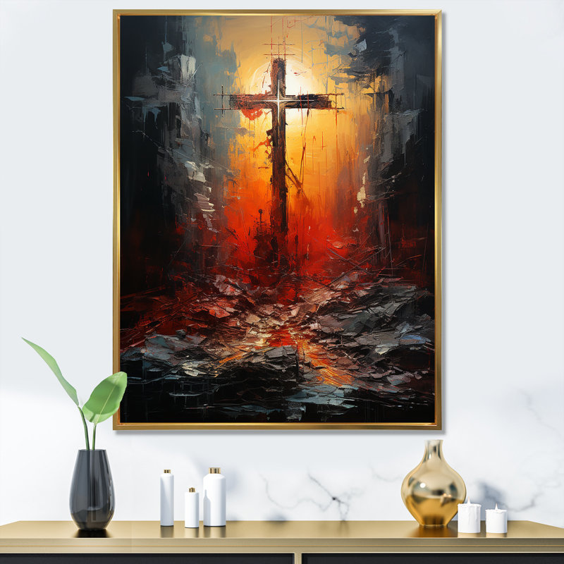 «Cross At Calvary», impression rouge sur toile - Christianisme, H 32 po x l 24 po x P 1 po, Cadre flottant doré