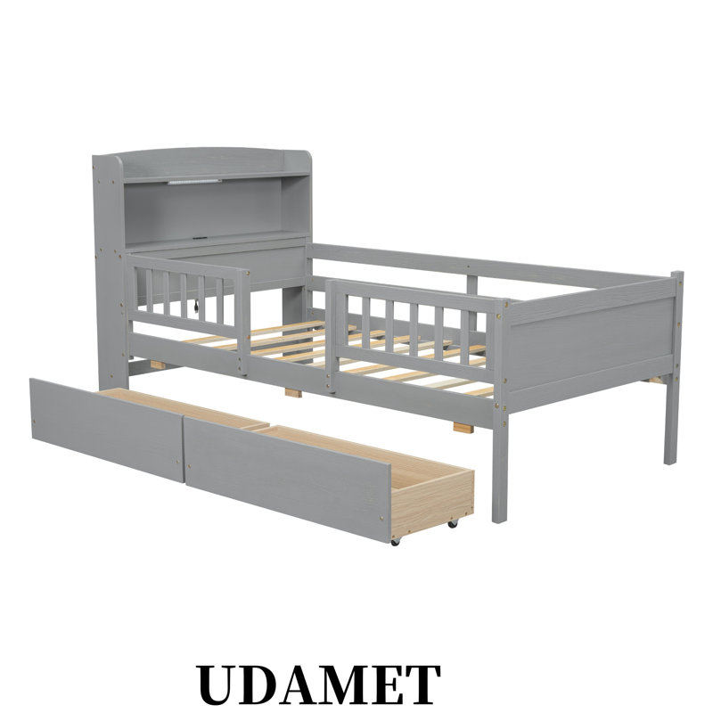 Lit plateforme simple en bois avec lumière DEL intégrée, tête de lit multifonctionnelle, 2 tiroirs, Gris