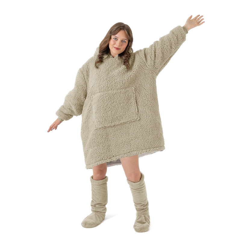 Merlee Velosso Snug Oversize Teddy Soft Hoodie Blanket Thermal Cosy with Pocket, Natural