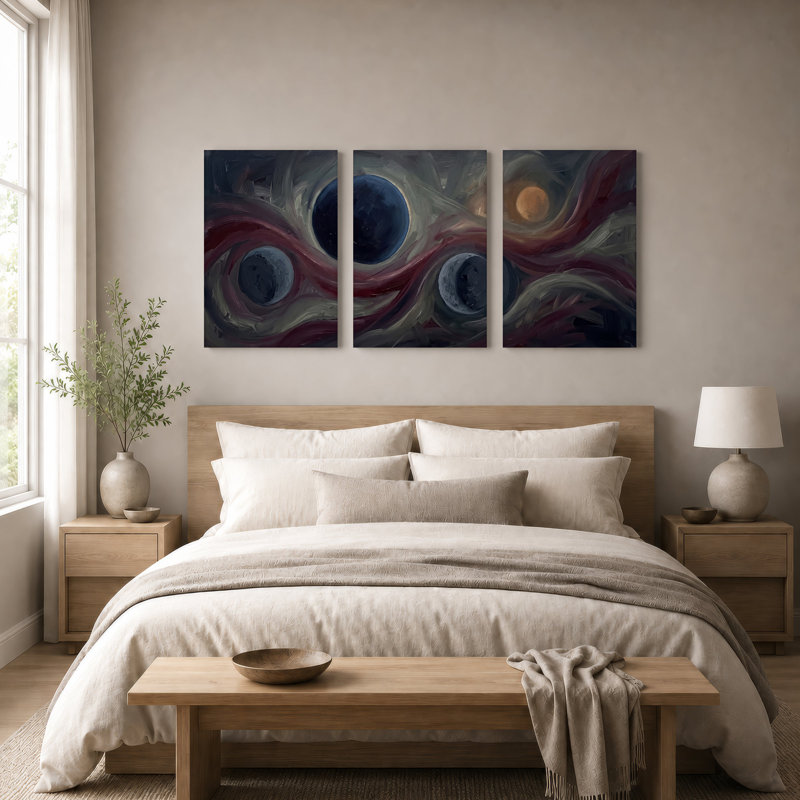 Abstrait planètes abstraites dans des tons rouges et bleus tourbillonnants, ensemble de 3 toiles