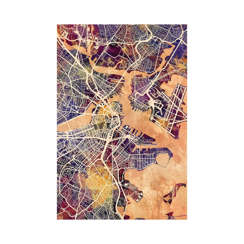 Boston Massachusetts Street Map II by Michael Tompsett - 1 Piece Wrapped Canvas Wall Art