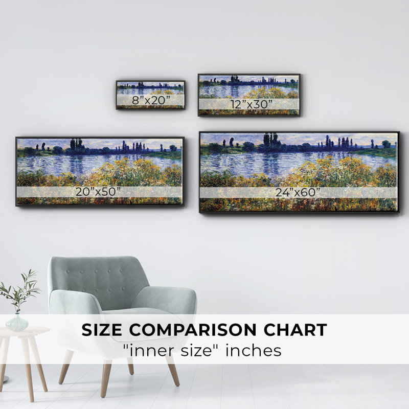 Les bords de seine à Vétheuil par Monet - Toile encadrée_420MONETWC, H 20 po x l 50 po x P 1,5 po, Noir