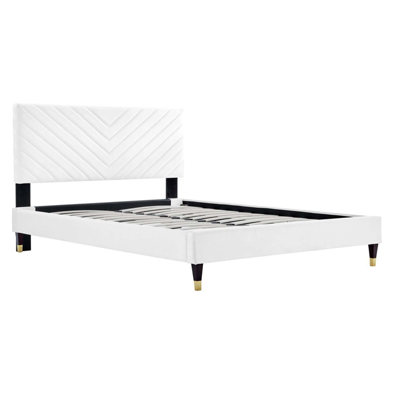  Grand lit plateforme Performance en velours blanc, Blanc