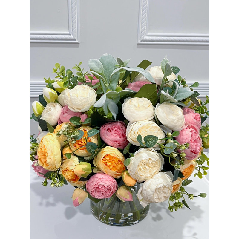 17 Inch Multicolor Real Touch Rose and Silk Peony Centerpiece in Clear Glass Vase, Yellow Pink White Faux Floral Arrangement for Dining Table and Wedding Decor