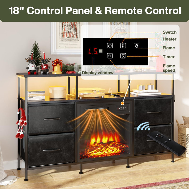 Fireplace Tv Stand With 4 Drawers, Black