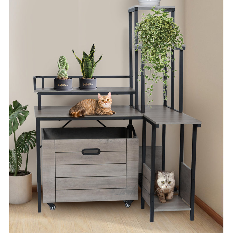 Cat Litter Box Enclosure Furniture With Flower Stand, Grey
