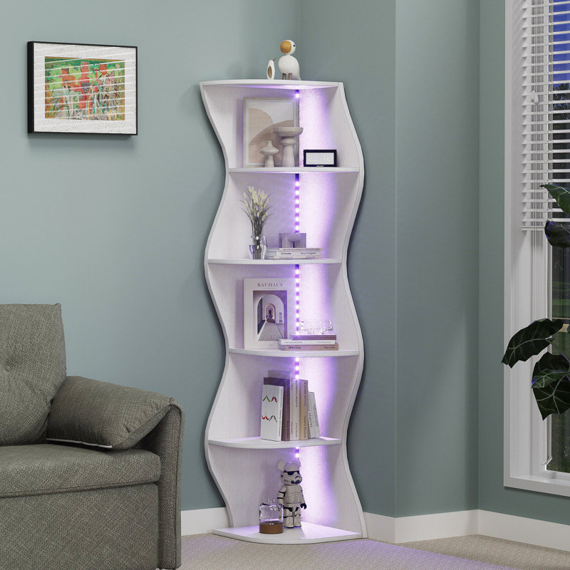 5 Tier Wavy Corner Shelf with LED Strip Lights, White Modern Corner Display Shelf, Freestanding LED Corner Ladder Shelf