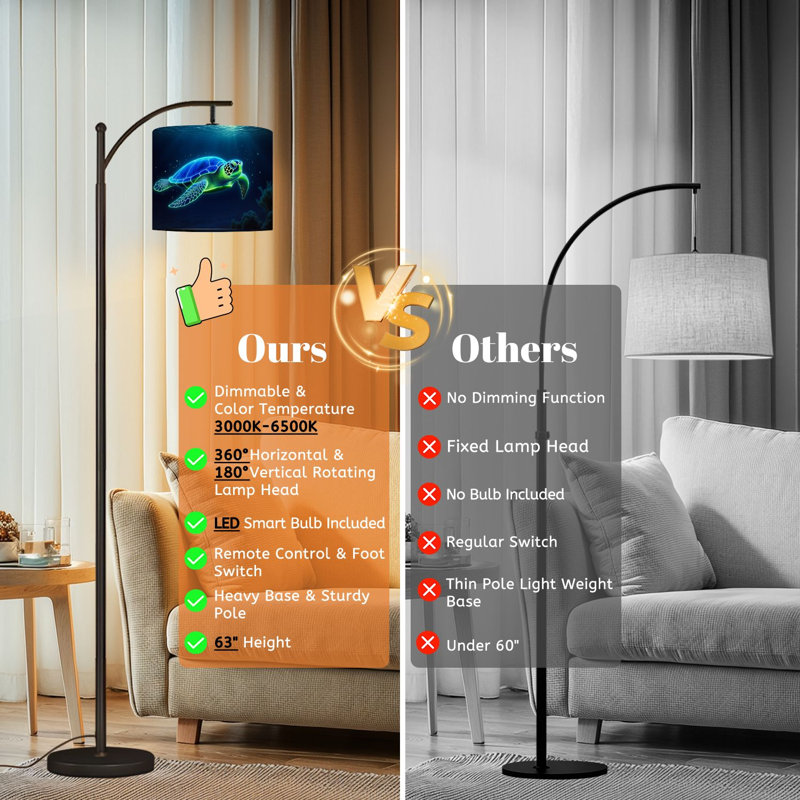 Lampe sur pied à arc avec abat-jour réglable Neon Glowing Turtle Natation Deep Blue Ocean Coastal Lampadaire