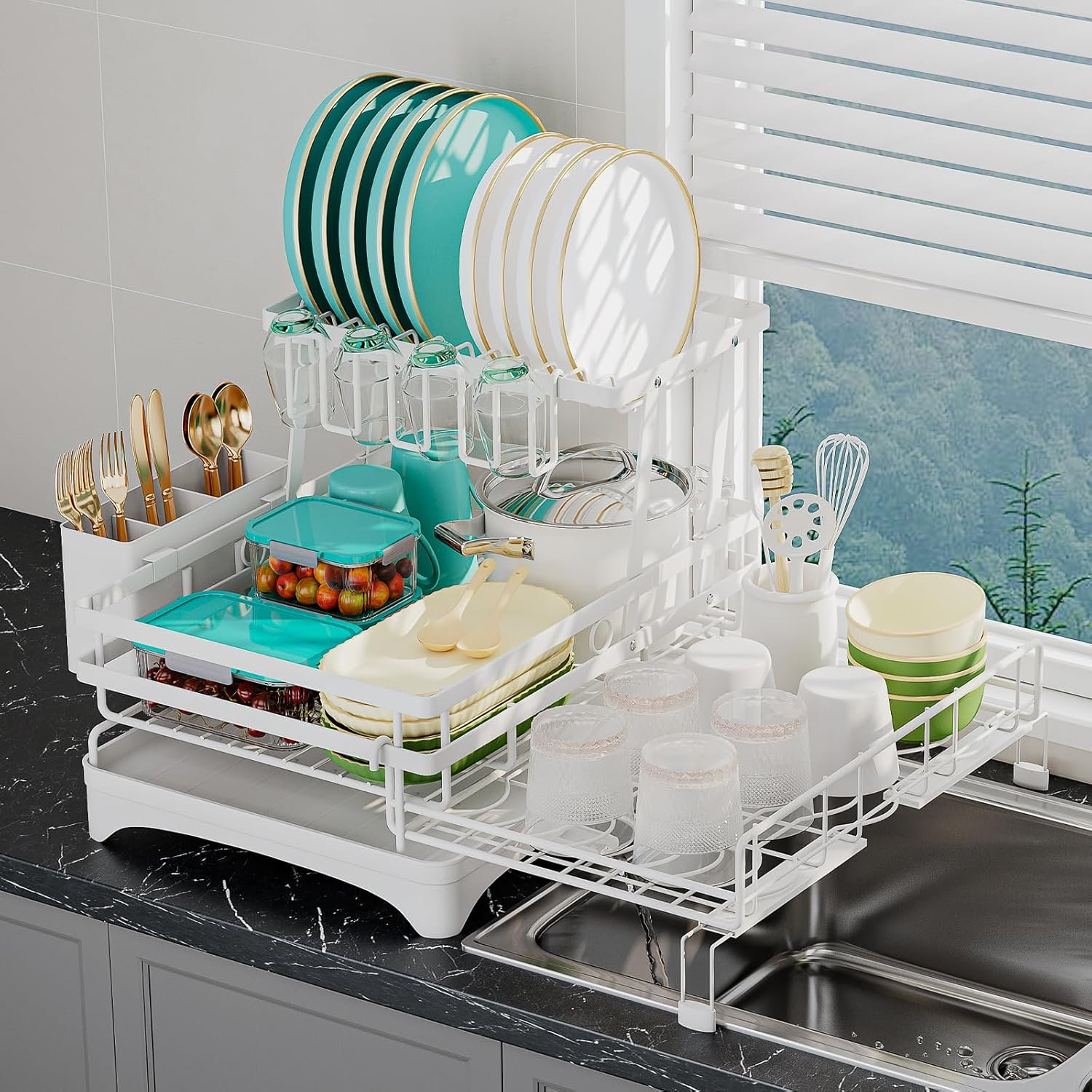 DEORS 2 Tier Large Dish Drying Rack - Extendable Dish Rack, 2-in-1 Anti ...