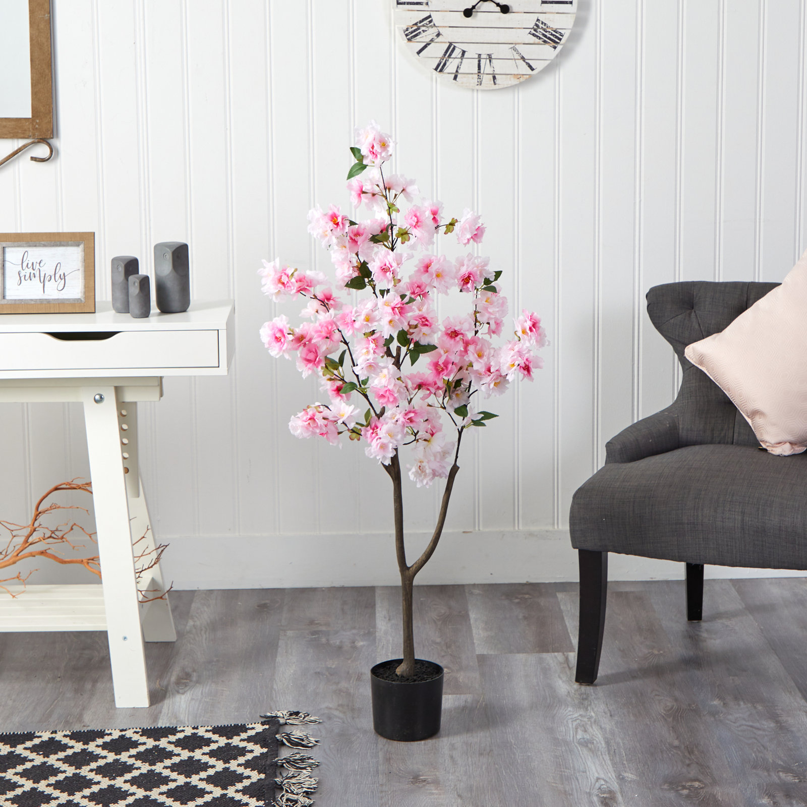 Faux Cherry Blossom Tree in Planter, Pink, 48" H x 23" W x 6" D