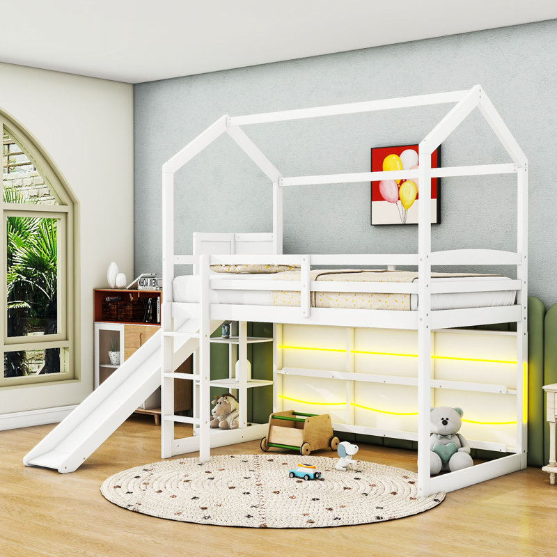 Twin Wood House Loft Bed With Slide, Storage Shelves And Light, White
