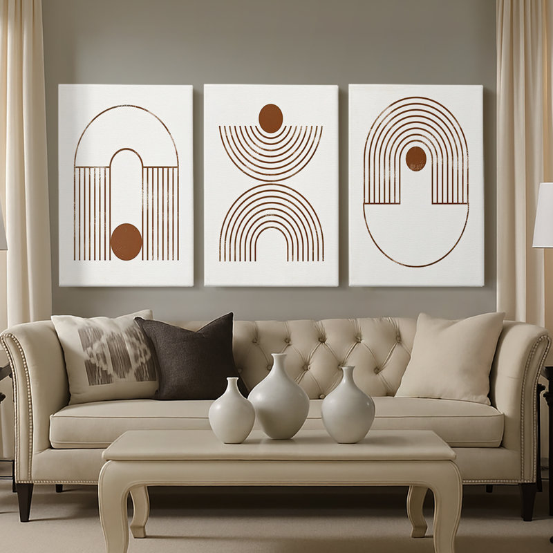 Arches et orbes I - Toile tendue avec châssis sur mesure - 3 pièces, H 12 po x l 24 po