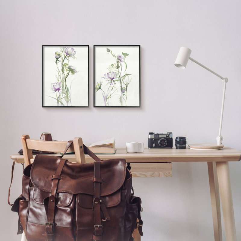 «Traditional Flower Stem Blossoms» par Liz Jardine - ensemble de 2 impressions sur bois, H 14 po x l 22 po x P 1,5 po, Noir