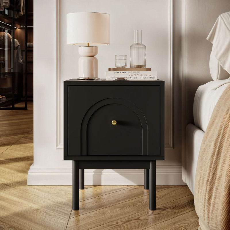 Bedside table LIBERTY nightstand with gold handle, Black