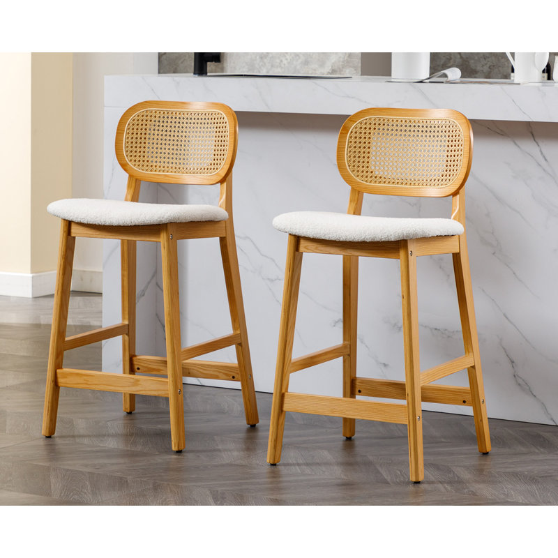 Upholstered Counter Stool with Solid Wood Frame, Wood, Teddy Fabric-Beige
