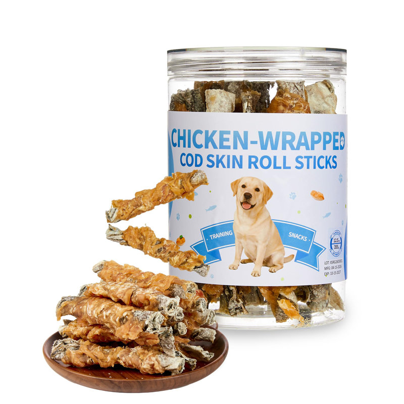Gâteries pour chien avec peau de morue séchée et enrobée de poulet - collations d'entraînement santé, format de bâtonnet de roulement riche en protides, boîte de 12,5 oz pour chiens