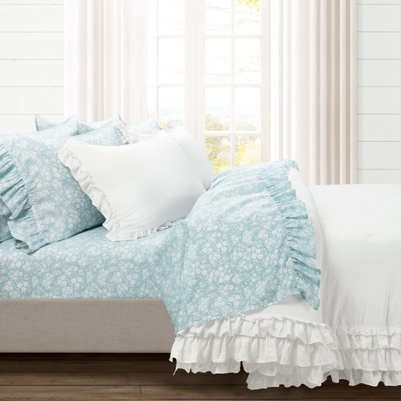 Ensemble de draps en microfibre Garden Of Flowers, Bleu, Couvre-lit double + 5 pièces supplémentaires