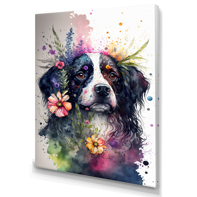 «Cute Dog FloralI», impression sur toile, H 32 po x l 16 po x P 1 po, Toile tendue