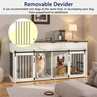 Caisse double pour chien avec rainure de verrouillage pour porte coulissante, 3 tiroirs cannelés et plateau de table en grain de bois imperméable, prise de courant de type C et mangeoires rotatives