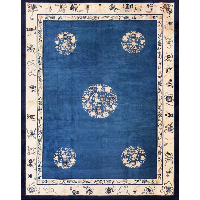 Antique Hand Knotted Pile Wool Blue 1900s Rectangle Rug