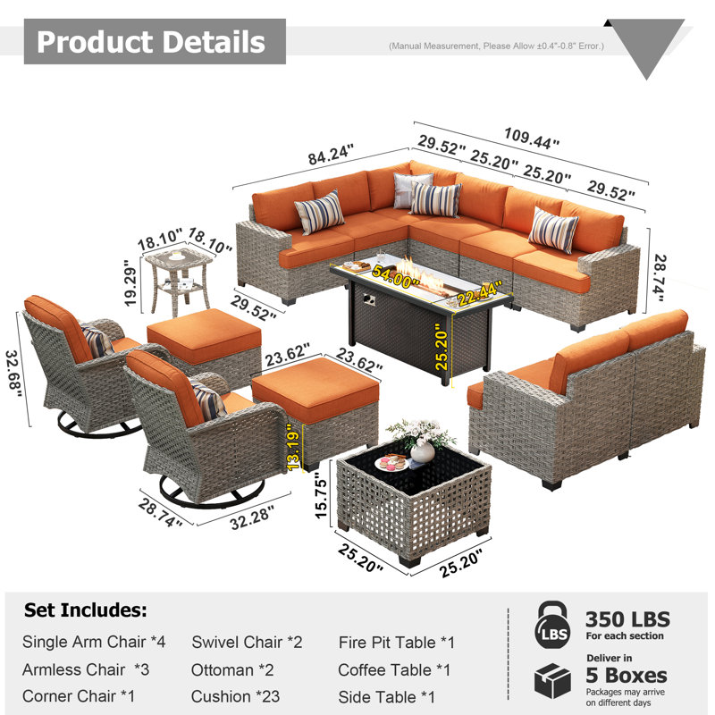 12 - Person Patio Furniture Set with Swivel Rockers, Outdoor Wicker Rattan Sectional Seating Group with Cushions, All Weather Sofa Conversation Set with Fire Pit Table for Garden Backyard
