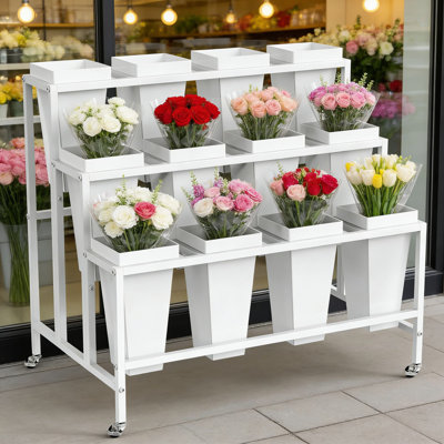 Heavy Duty 3-Tier Rolling Flower Cart Display Stand With 12 Removable Buckets, Mobile Plant Rack For Indoor Outdoor Garden Patio Florist Shop