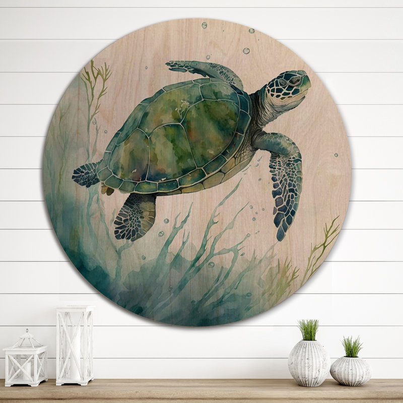 Aquarelle de tortue nageant II - animaux, art mural bois de tortue - bois de pin naturel, H 29 po x l 29 po x P 1 po