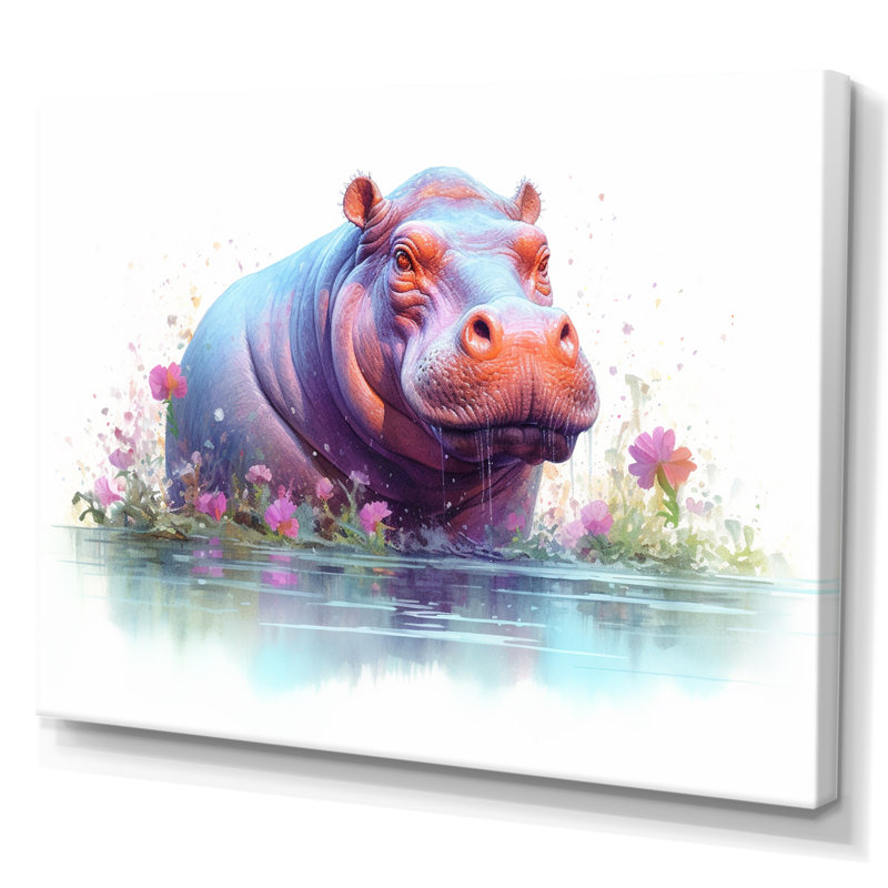 Hippopotame animé sur toile, H 30 po x l 40 po x P 1,5 po, Toile tendue