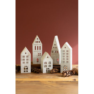 Set Of Five Wooden Village - Whitewash 