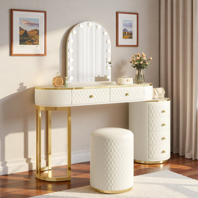 Luxury Makeup Vanity Desk With 3-color Led Mirror, Adjustable Length, 6 Drawers And Stool