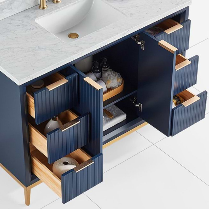 48" Freestanding Standard Single Bathroom Vanity with Top, Gold/Navy Blue