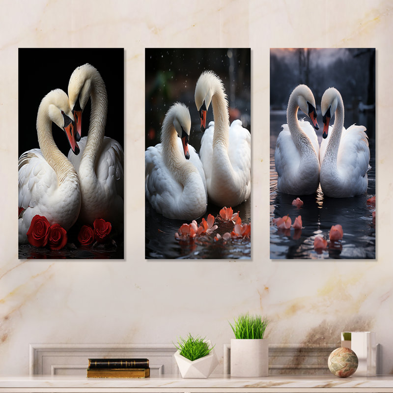Swans Romantic Portrait - Ensemble de 3 décorations murales Swans, Toile tendue, H 40 po x l 60 po