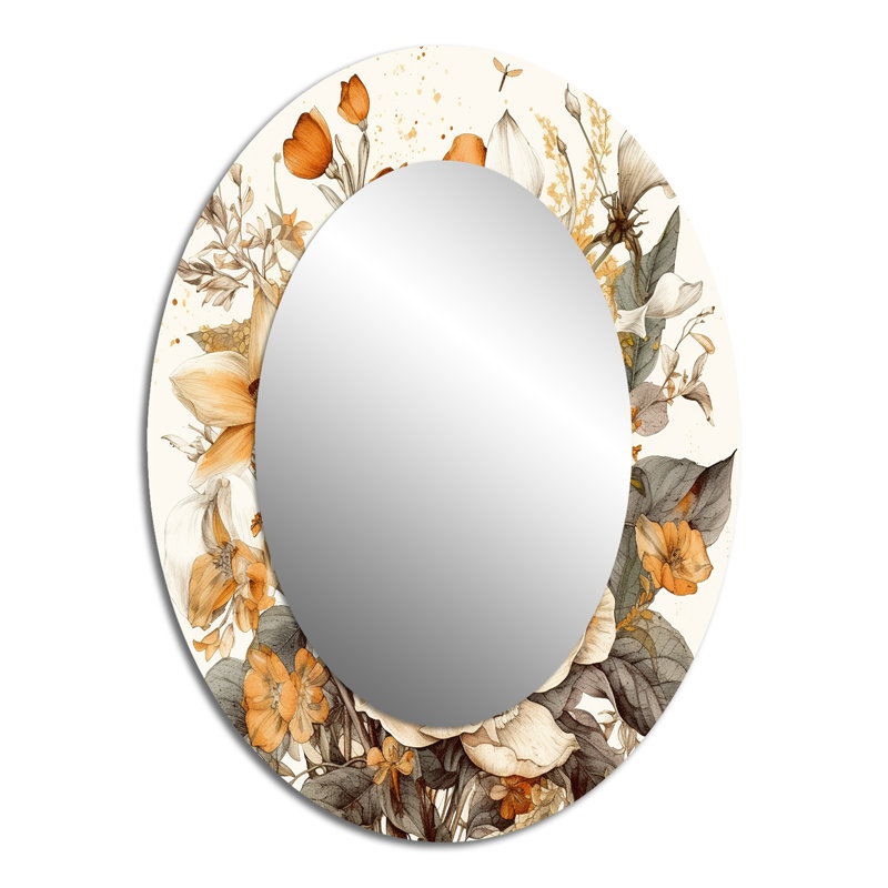 Traduction libre Bouquet de fleurs crème et oranges II - Grand miroir mural ovale sur métal, 40 po x 30 po