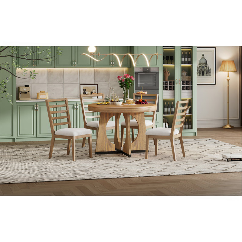 Ensemble de table de salle à manger ronde pour 4 avec chaises, ensemble de table de salle à manger extensible avec rallonge amovible de 16 po, ensemble de table de salle à manger rétro 5 pièces à motif géométrique unique pour la cuisine et la salle à manger (naturel)