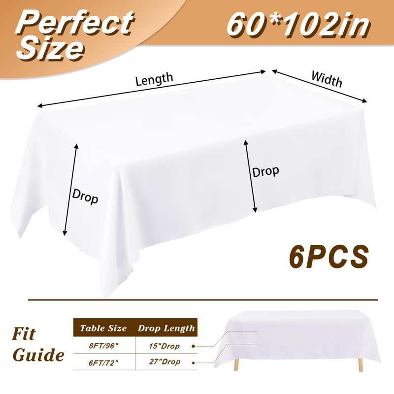 Paquet de 6 nappes pour table rectangulaire, P 102 po x L 60 po, Blanc