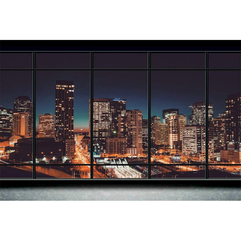 Grid City View Window View Wall Mural, 100" L x 144" W