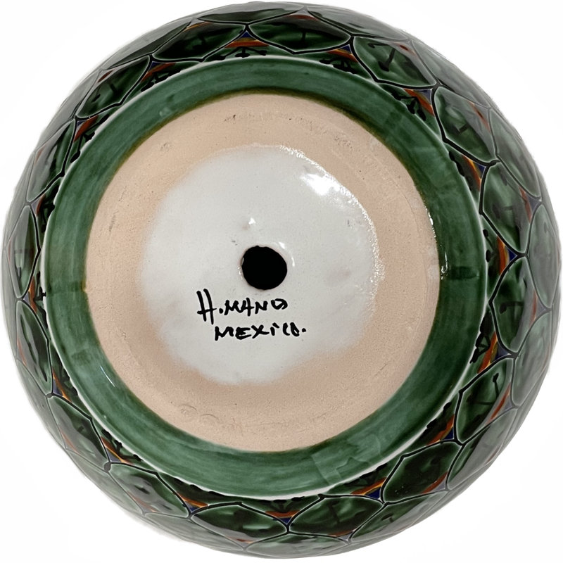 Small Green Peacock mexican Talavera Pot, 9" H x 10.5" W x 10.5" D