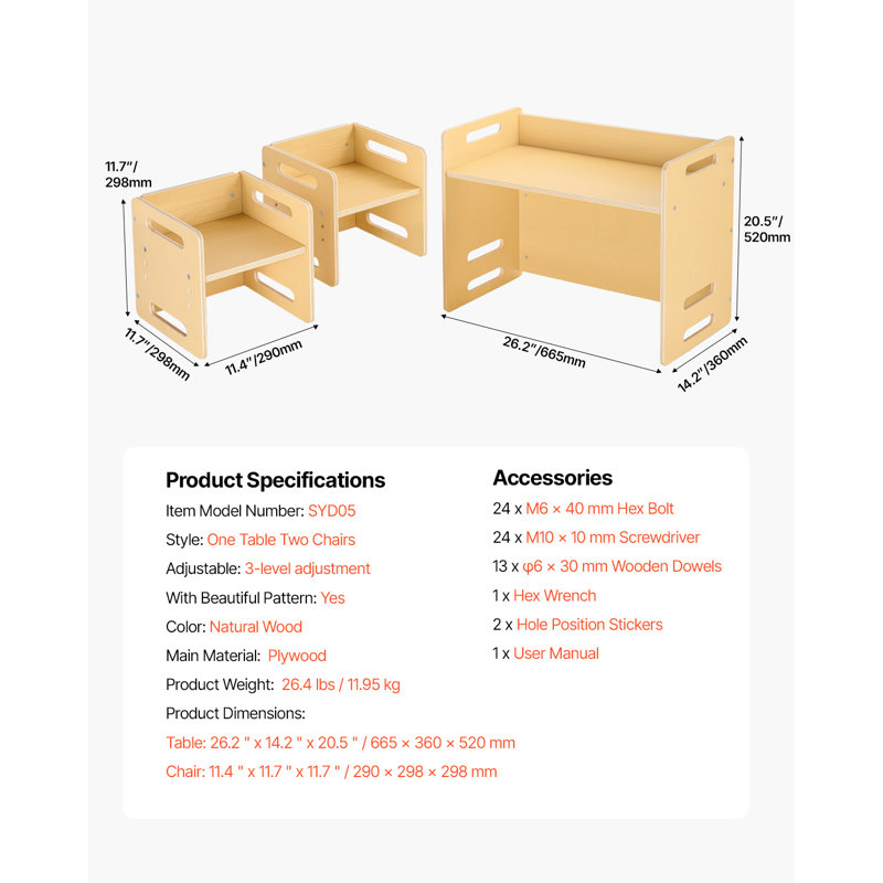 Bureau pour tout-petit avec 2 chaises en bois Montessori