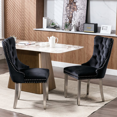 2 chaises de salle à manger, revêtement en velours, pieds en bois massif, garniture cloutée, chaise rembourrée contemporaine noire, 2 pièces, base en acier inoxydable noir et